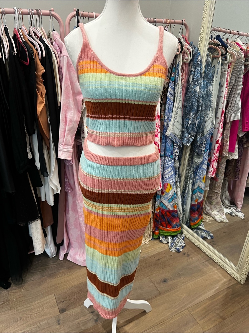 Ribbed Striped Knit Skirt Set in Pink Multi